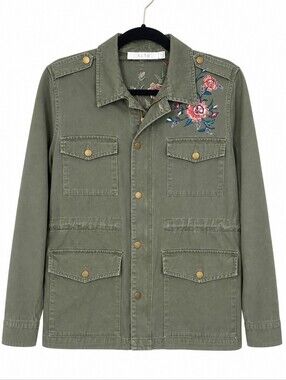 ASTR The Label Olive Green Floral Embroidered Utility Military Jacket Size S